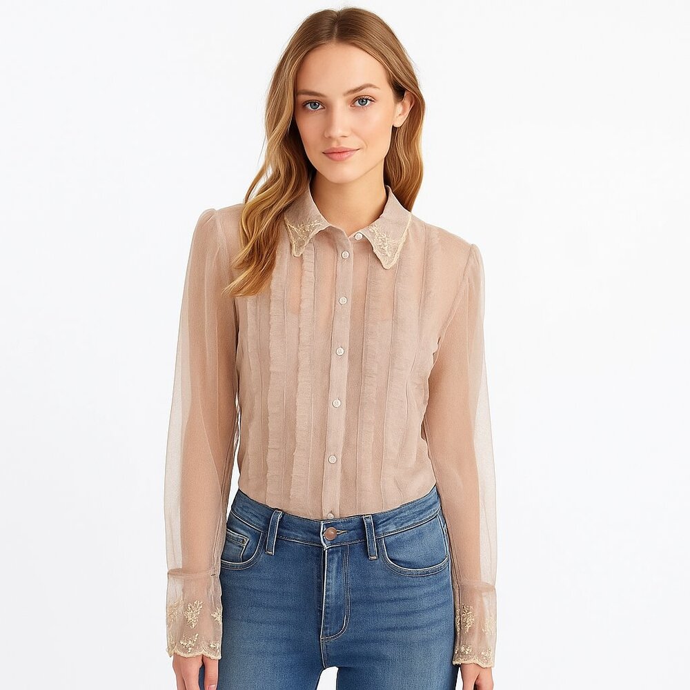 NEWPORT NEWS VINTAGE 90s Sheer Mesh button front shirt in latte floral NWOT 14